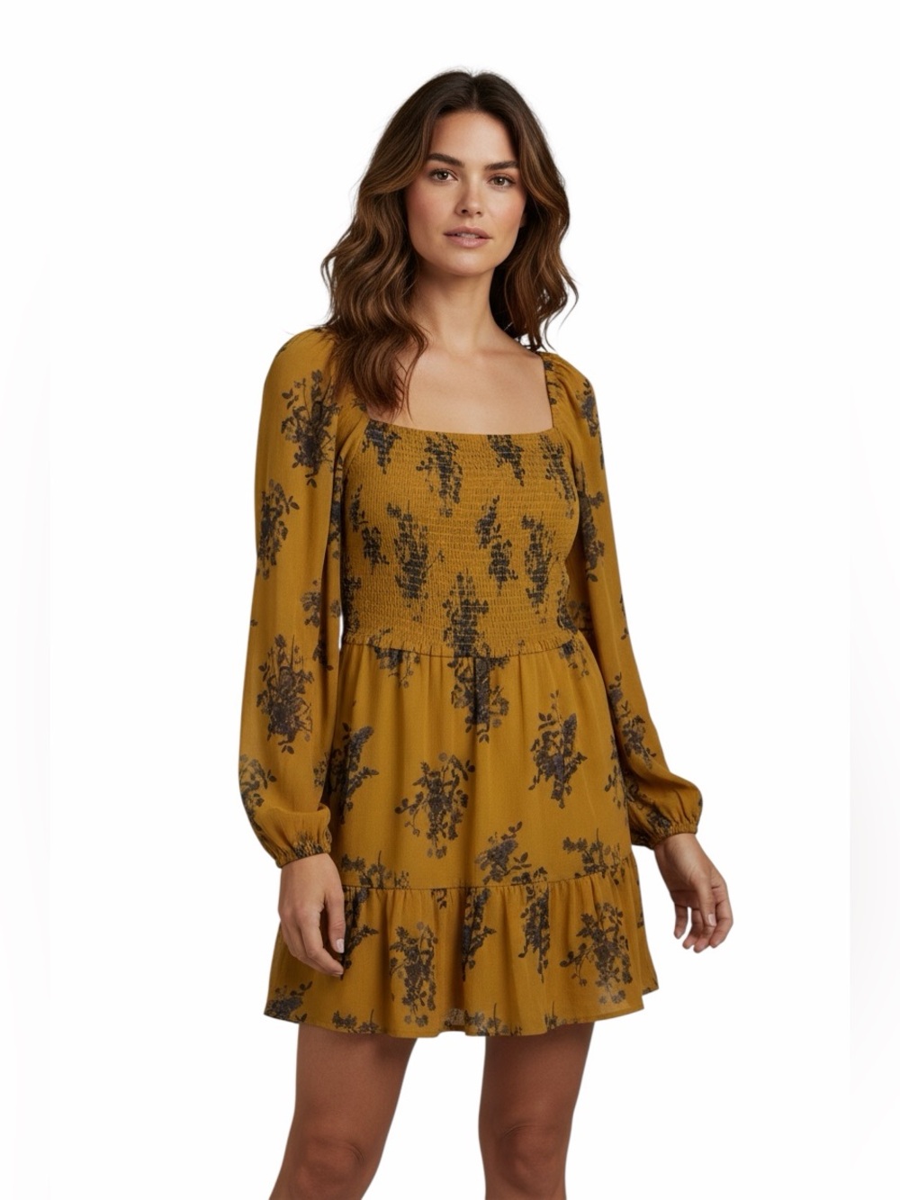 Wilfred Aritzia NWOT Tempest Smocked Long Sleeve Mini Dress In Goldie SIze Small
